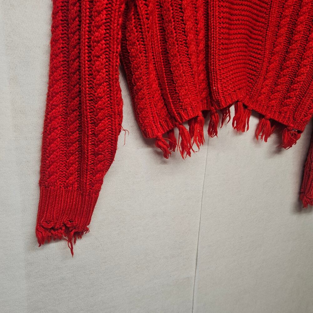 ShoptheMint Red Fringe Crop Sweater Oversized Cable Knit Pullover Size Small - Picture 3 of 8